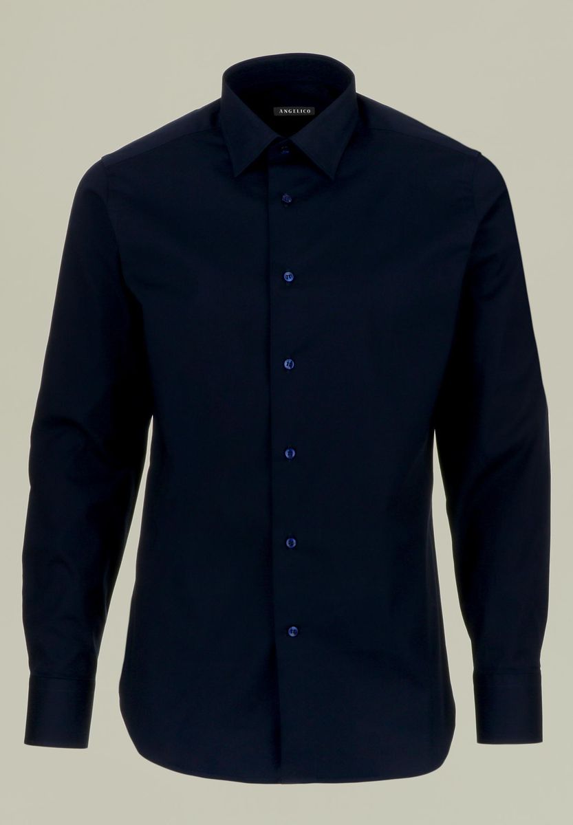 Camicia blu cotone elasticizzato slim fit-Angelico