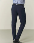 Blue double-breasted suit with peak lapels and custom-fit stretch fabric