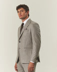 Beige pinstriped suit with peak lapels, custom fit, flannel wool
