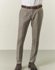 Beige pinstriped suit with peak lapels, custom fit, flannel wool