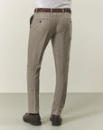 Beige pinstriped suit with peak lapels, custom fit, flannel wool