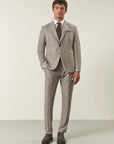Beige pinstriped suit with peak lapels, custom fit, flannel wool