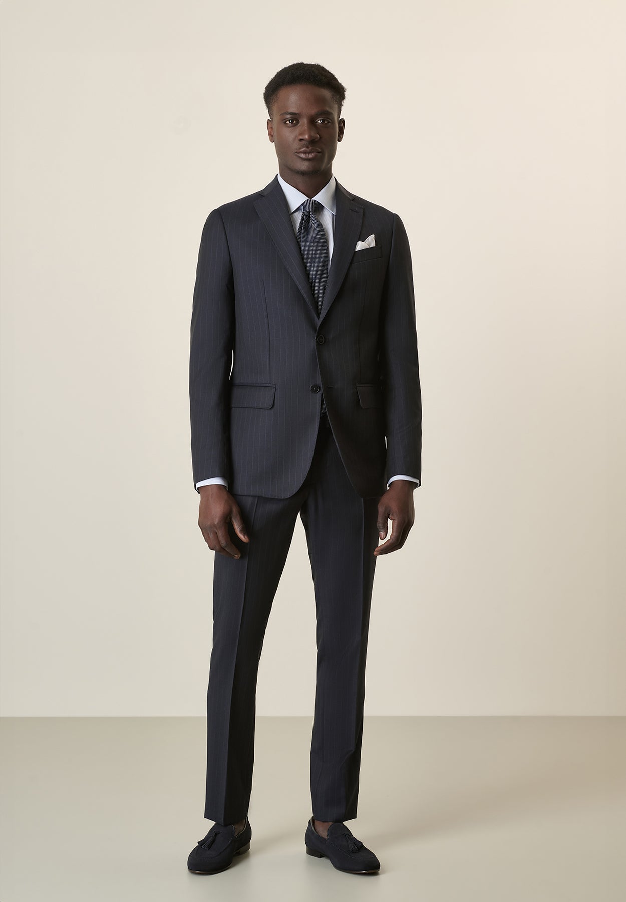 Midnight Blue Pinstriped Virgin Wool Custom Fit Long Suit