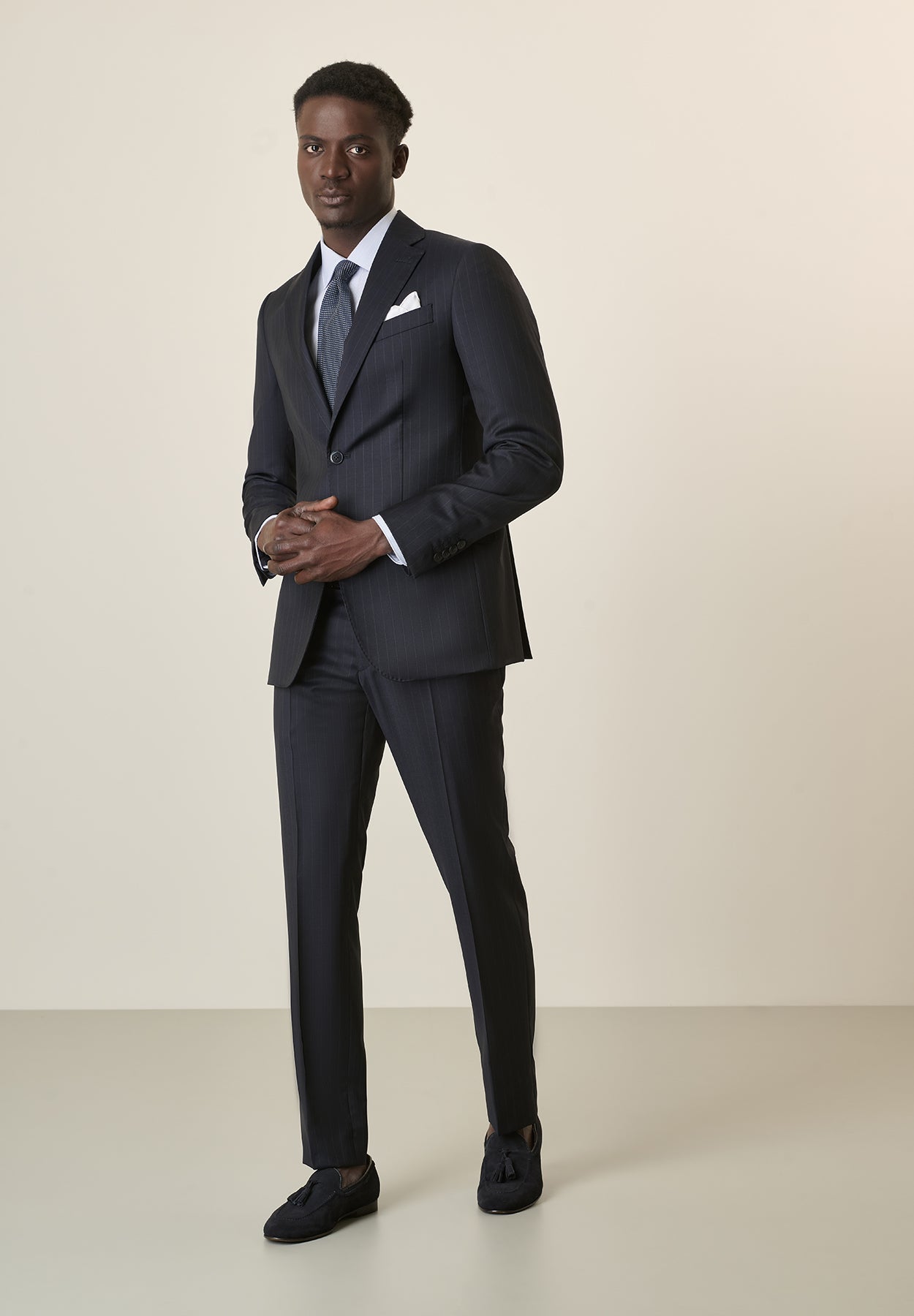 Midnight Blue Pinstriped Virgin Wool Custom Fit Long Suit