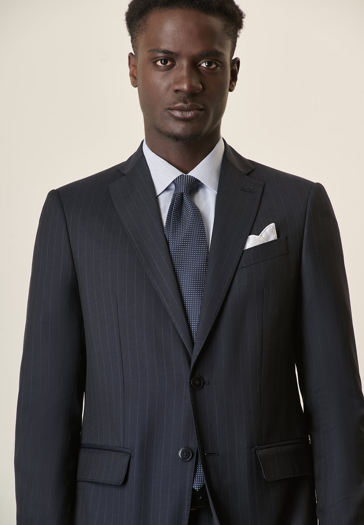 Midnight Blue Pinstriped Virgin Wool Custom Fit Long Suit