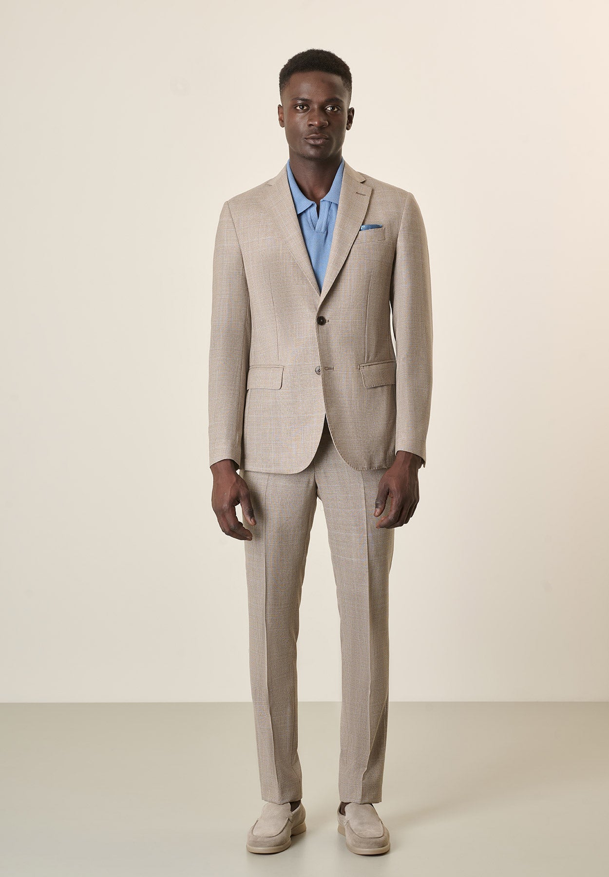 Unlined Beige Welsh Suit In Gorgomoro Virgin Wool, Custom Fit