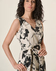 Beige Dress With Black Flowers And Stretch Cotton
