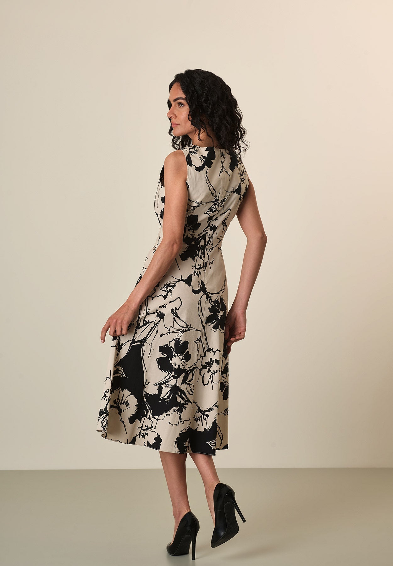 Beige Dress With Black Flowers And Stretch Cotton