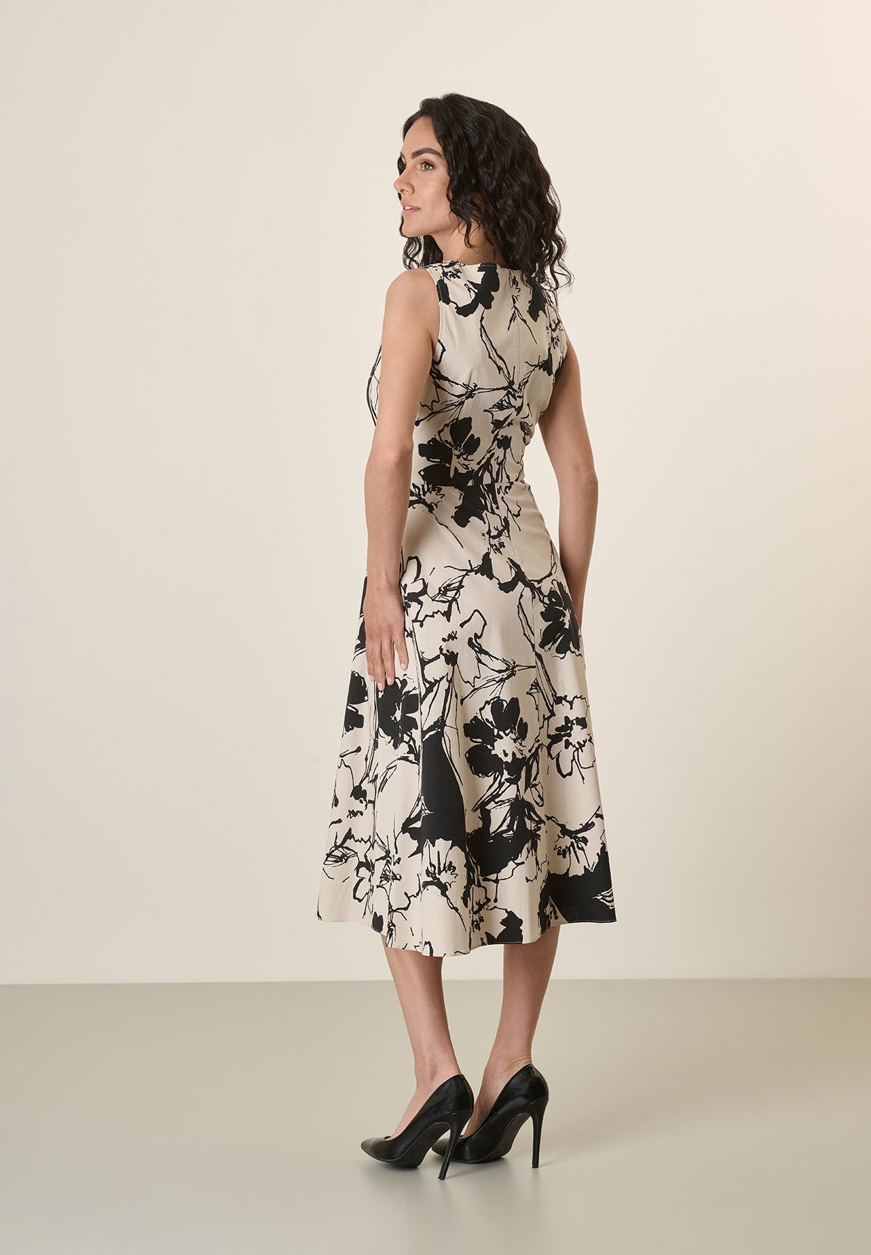 Beige Dress With Black Flowers And Stretch Cotton