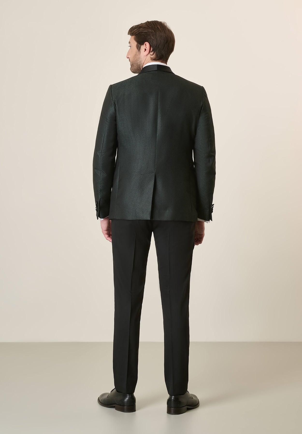 Black Tuxedo With Shawl Collar And Green Armor, Custom Fit