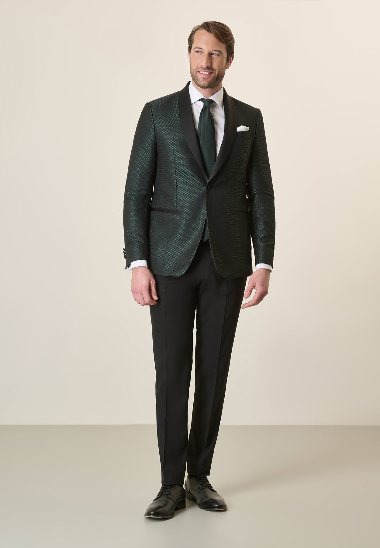 Black Tuxedo With Shawl Collar And Green Armor, Custom Fit