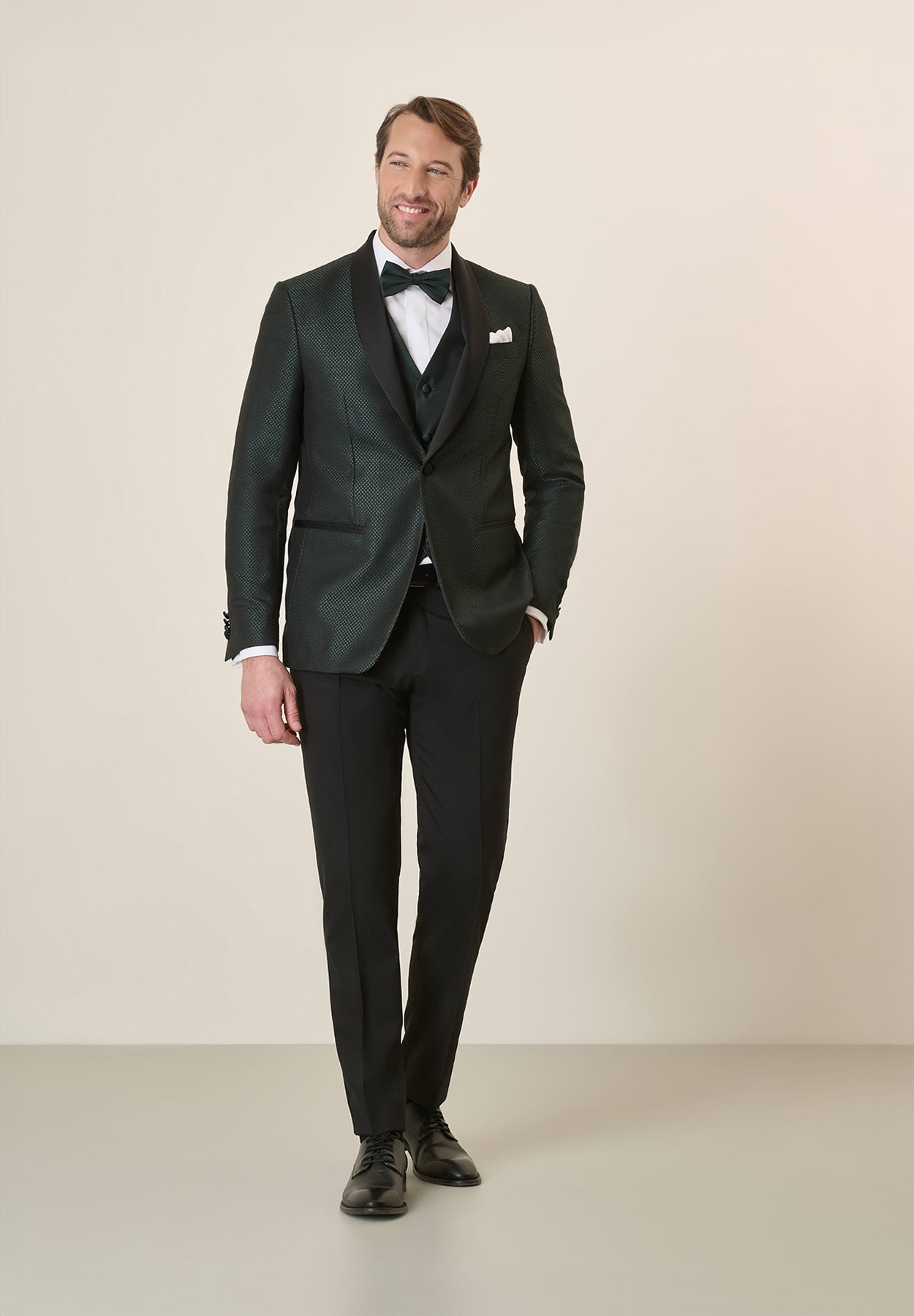 Black Tuxedo With Shawl Collar And Green Armor, Custom Fit