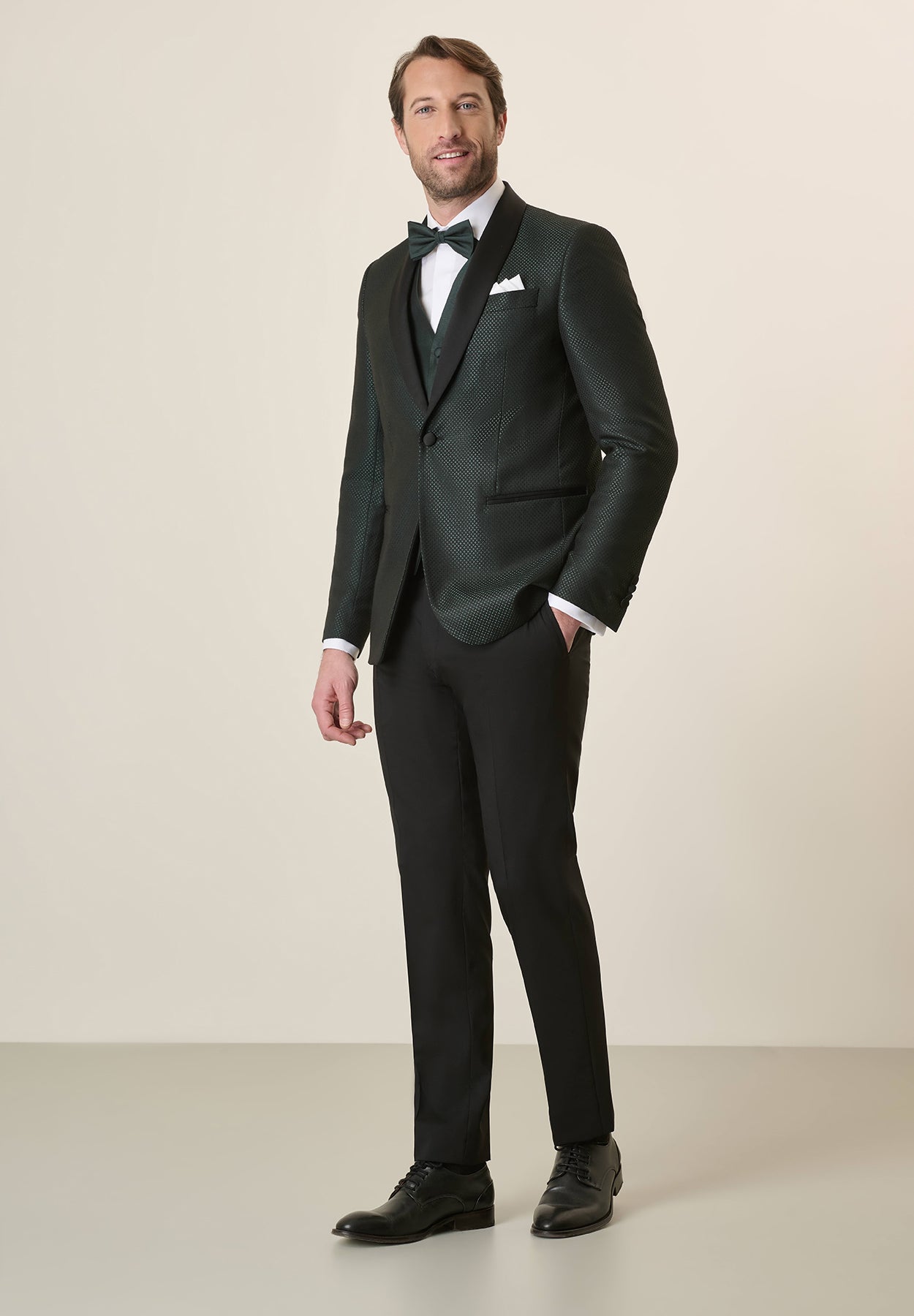 Black Tuxedo With Shawl Collar And Green Armor, Custom Fit
