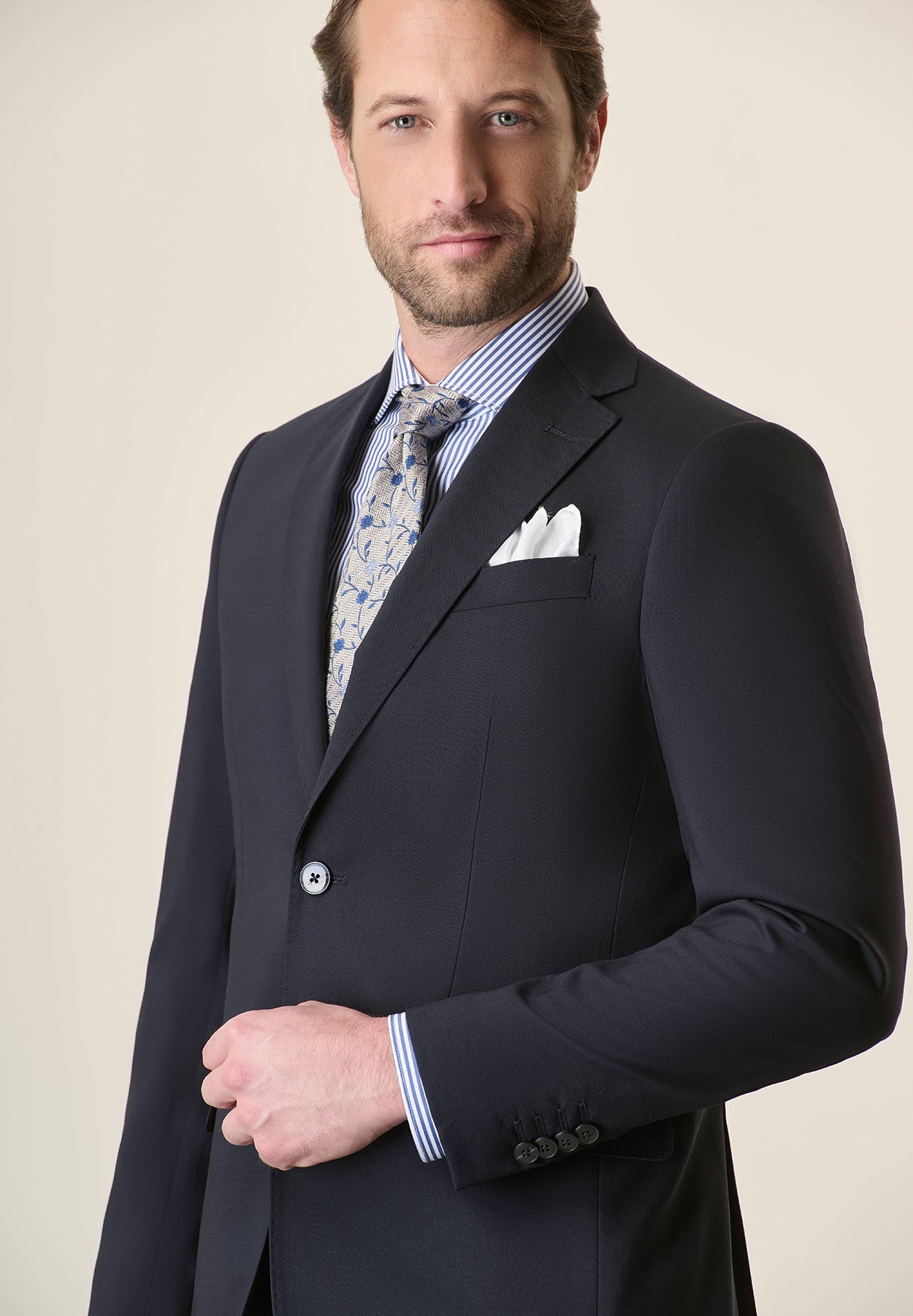 Midnight Blue Suit In Stretch Virgin Wool Canvas, Custom Fit