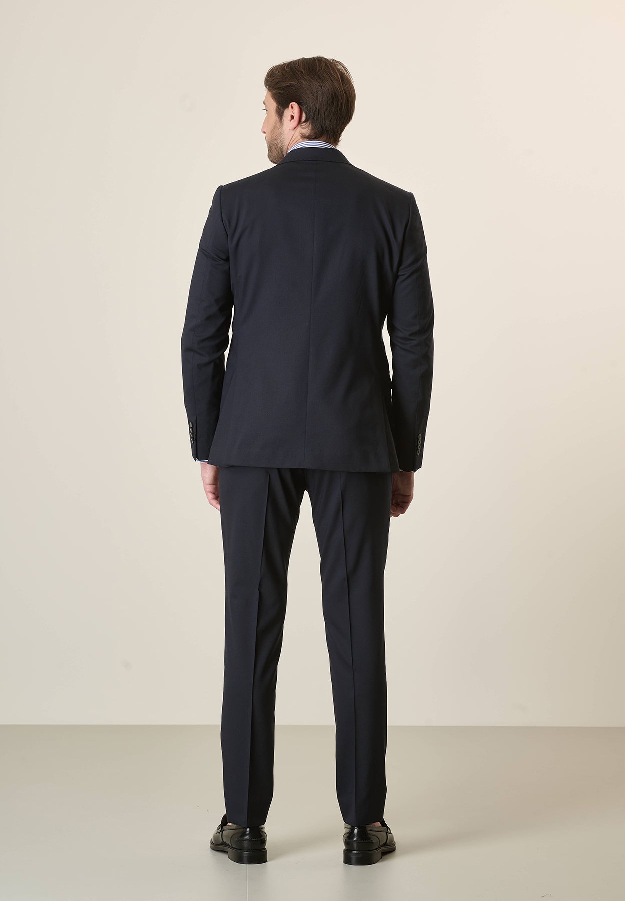 Long, Custom-Fit, Stretch Virgin Wool Canvas Blue Suit