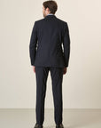 Long, Custom-Fit, Stretch Virgin Wool Canvas Blue Suit