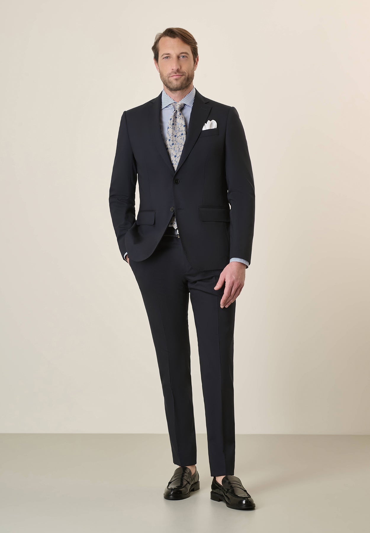 Midnight Blue Suit In Stretch Virgin Wool Canvas, Custom Fit