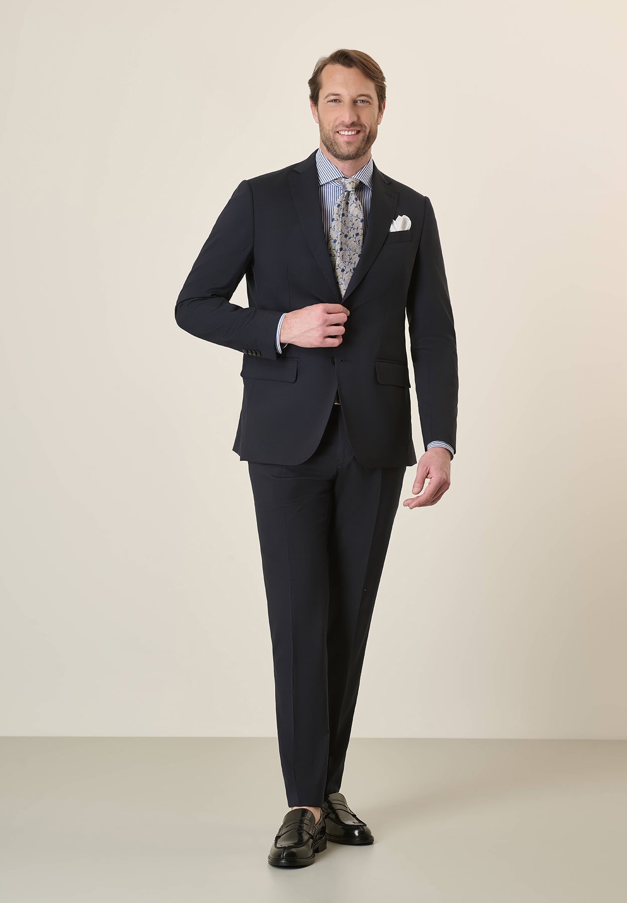 Midnight Blue Suit In Stretch Virgin Wool Canvas, Custom Fit