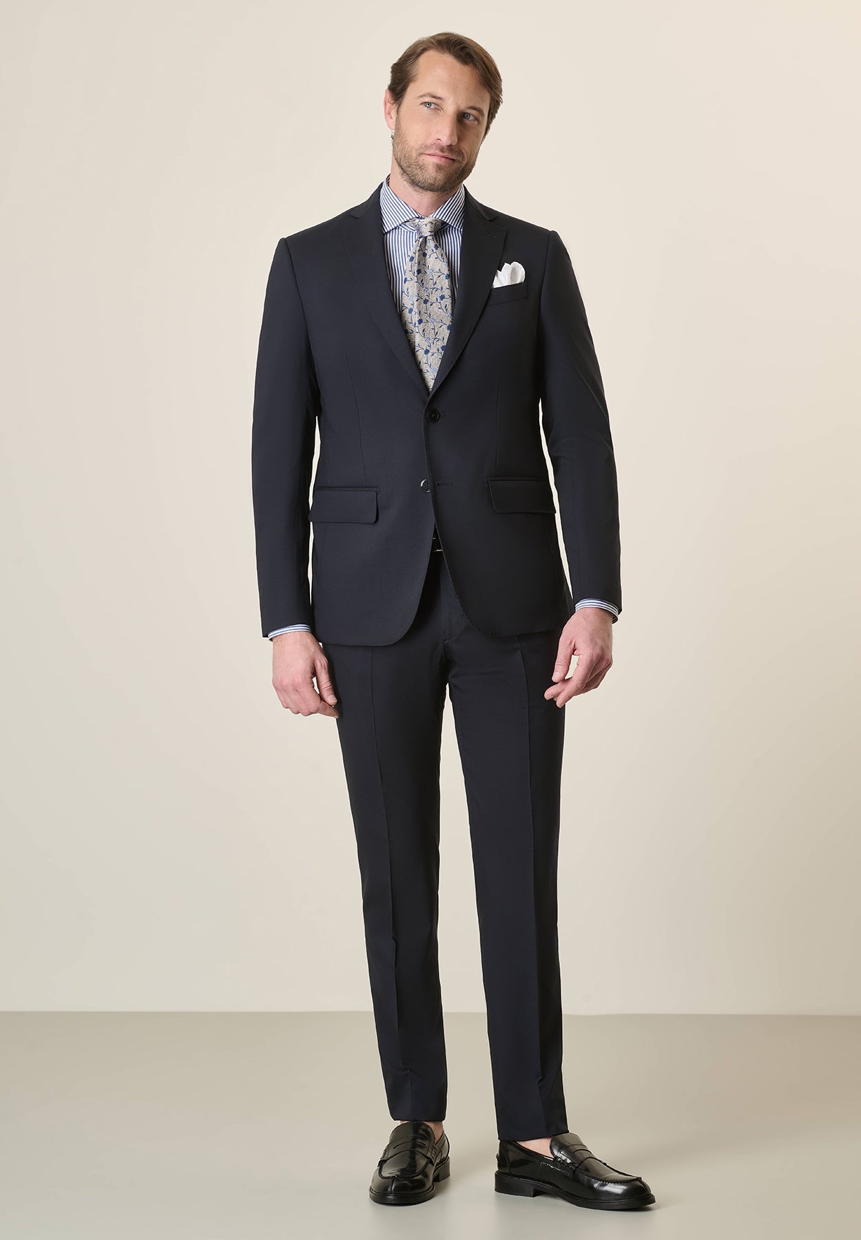 Midnight Blue Suit In Stretch Virgin Wool Canvas, Custom Fit