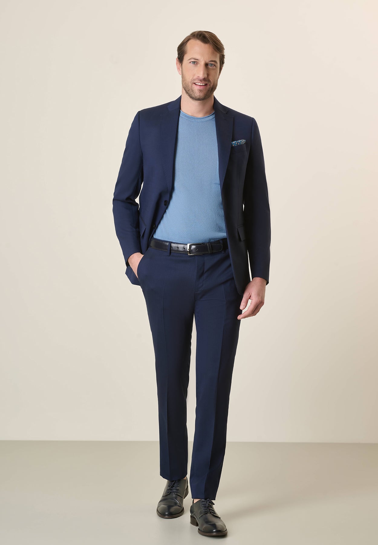 Light Blue Suit In Stretch Virgin Wool Canvas, Custom Fit