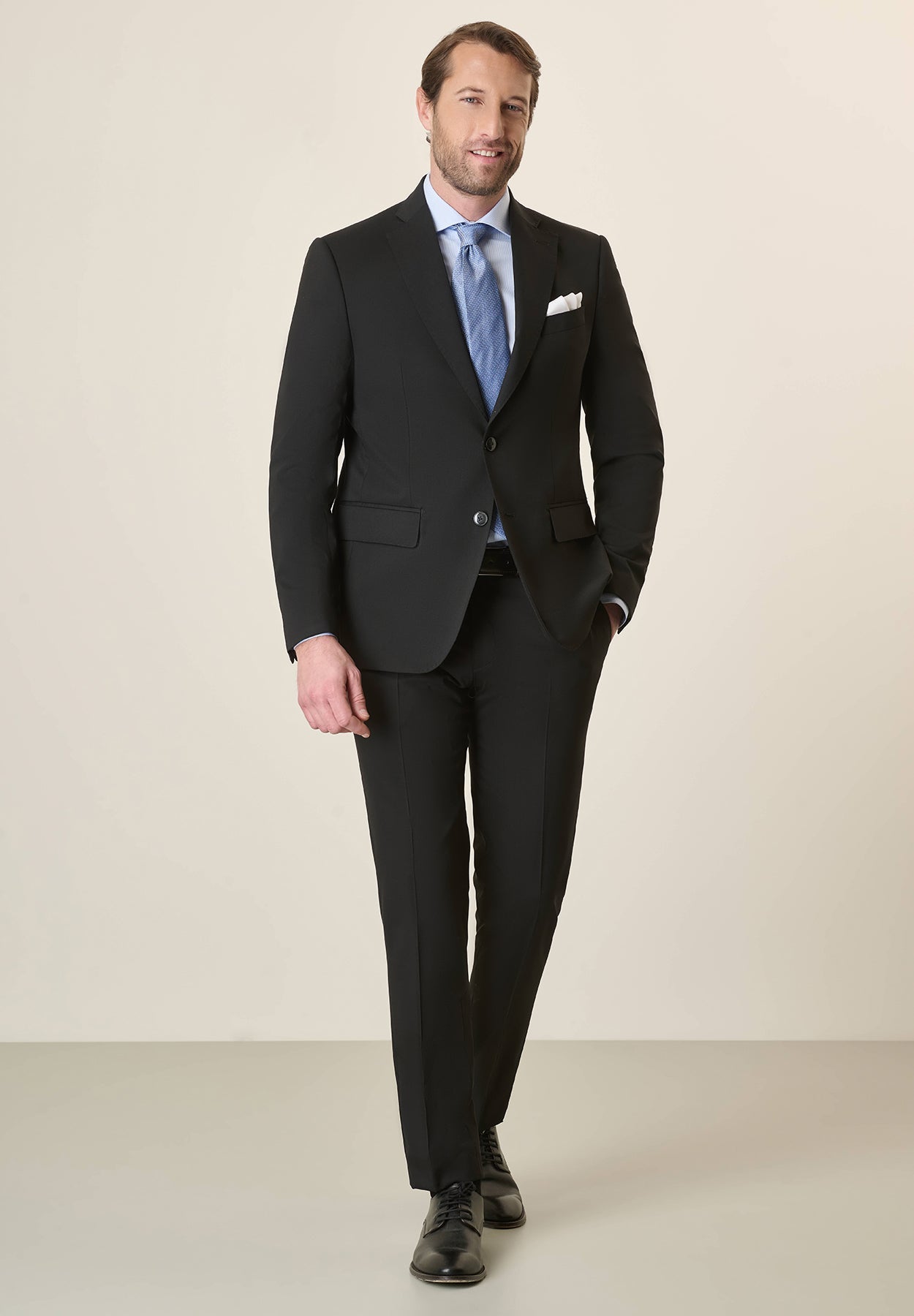Black Suit In Stretch Virgin Wool Canvas, Custom Fit