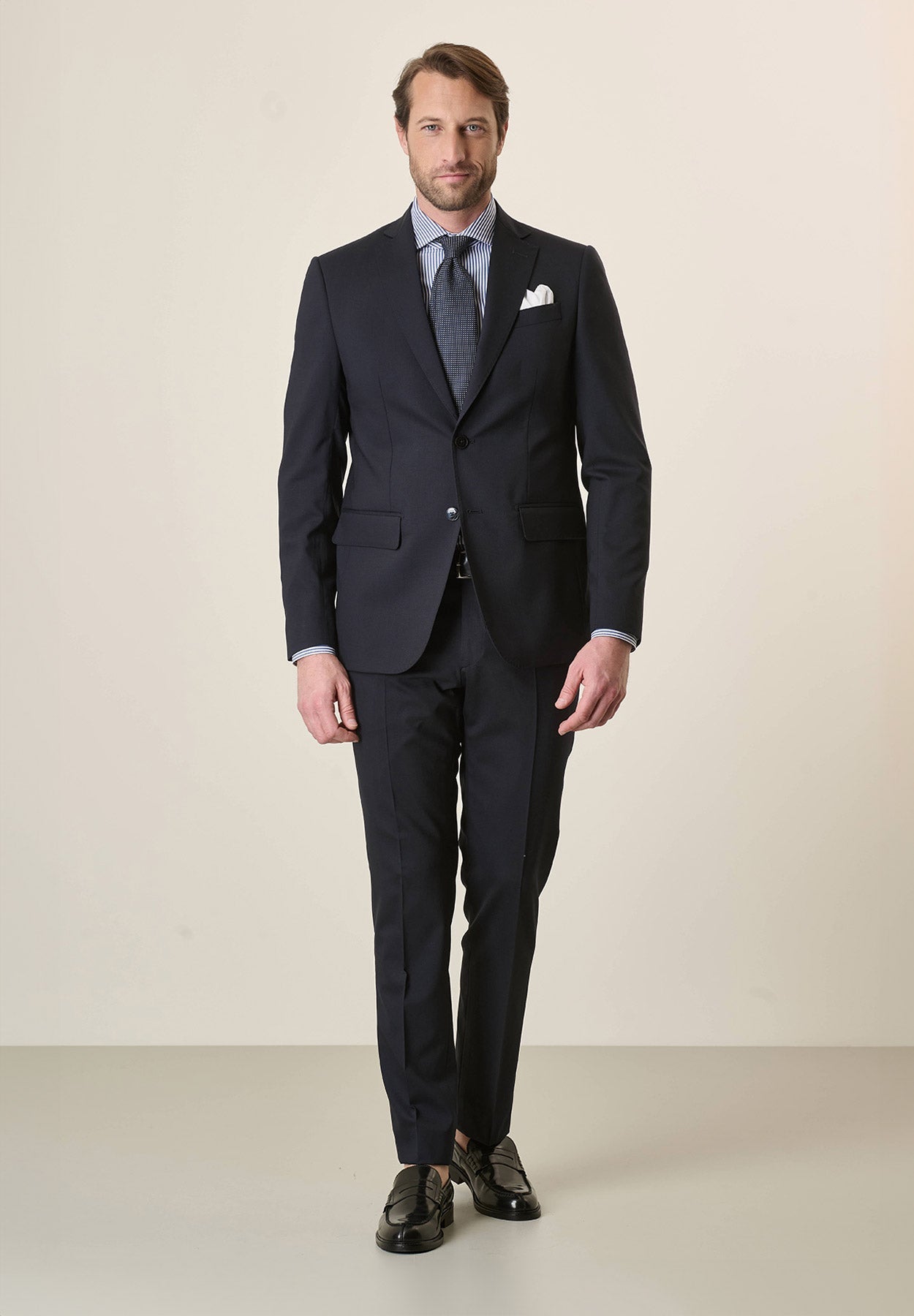 Long, Custom-Fit, Stretch Virgin Wool Canvas Blue Suit