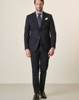 Long, Custom-Fit, Stretch Virgin Wool Canvas Blue Suit
