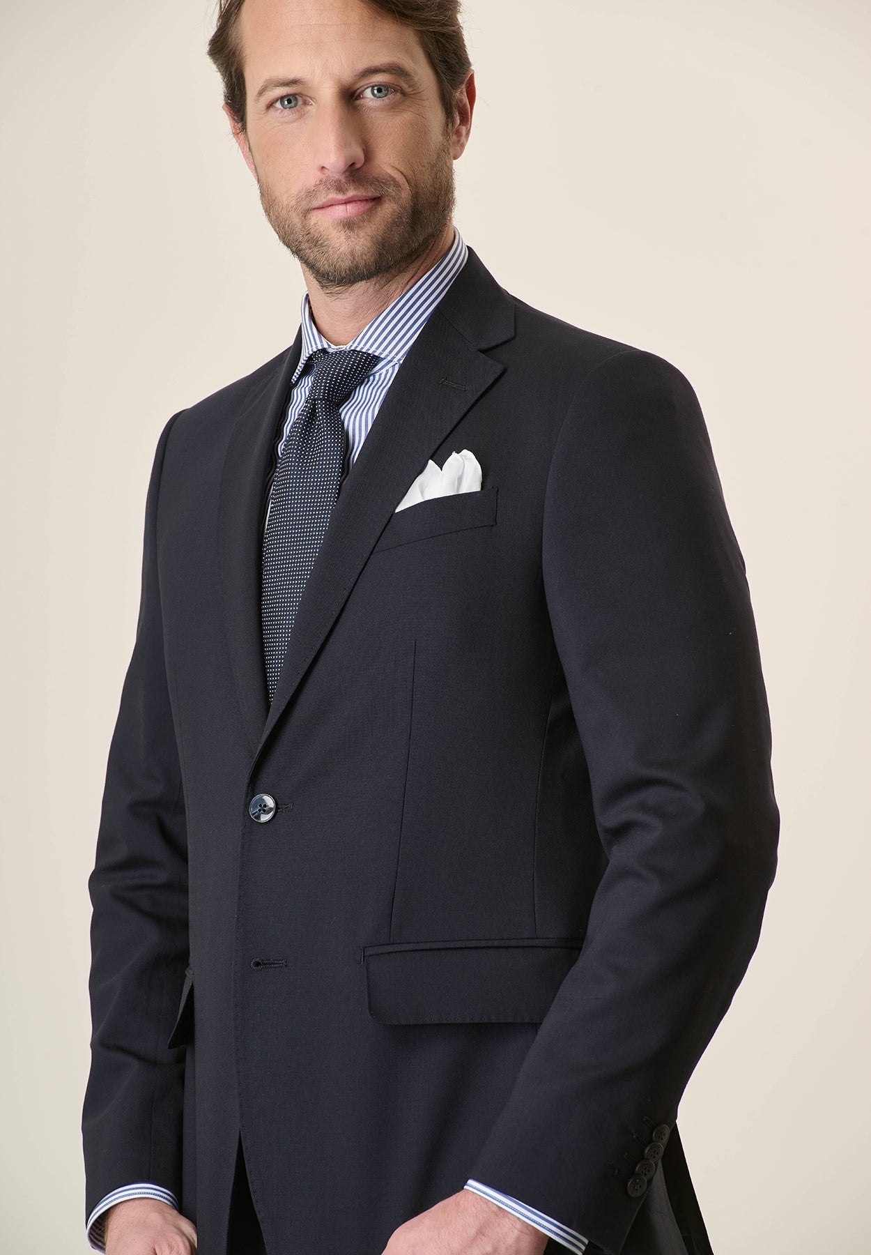 Long, Custom-Fit, Stretch Virgin Wool Canvas Blue Suit