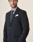 Long, Custom-Fit, Stretch Virgin Wool Canvas Blue Suit