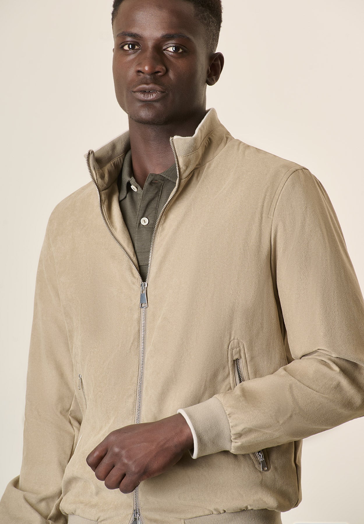 Beige Suede Bomber Jacket