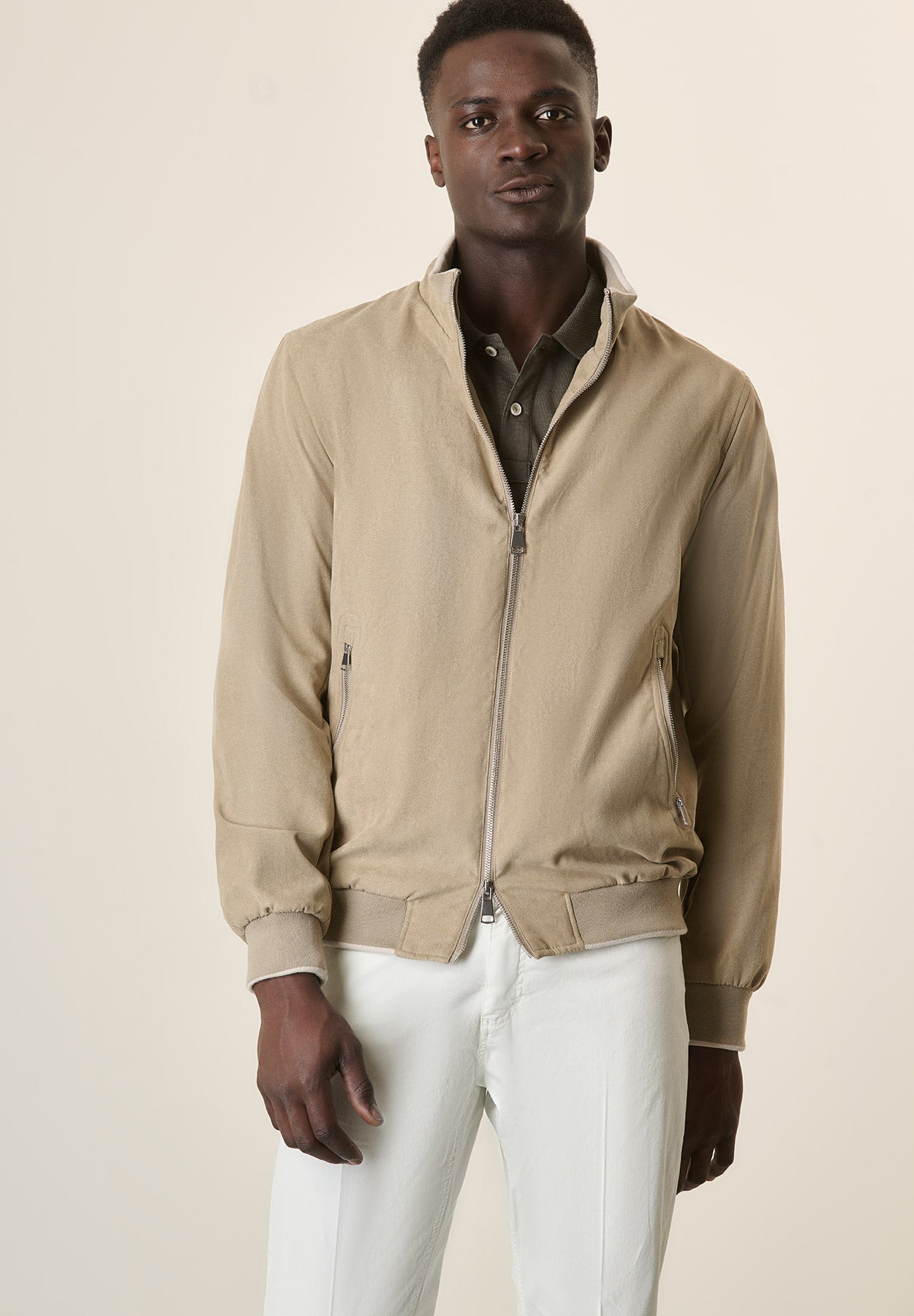Beige Suede Bomber Jacket
