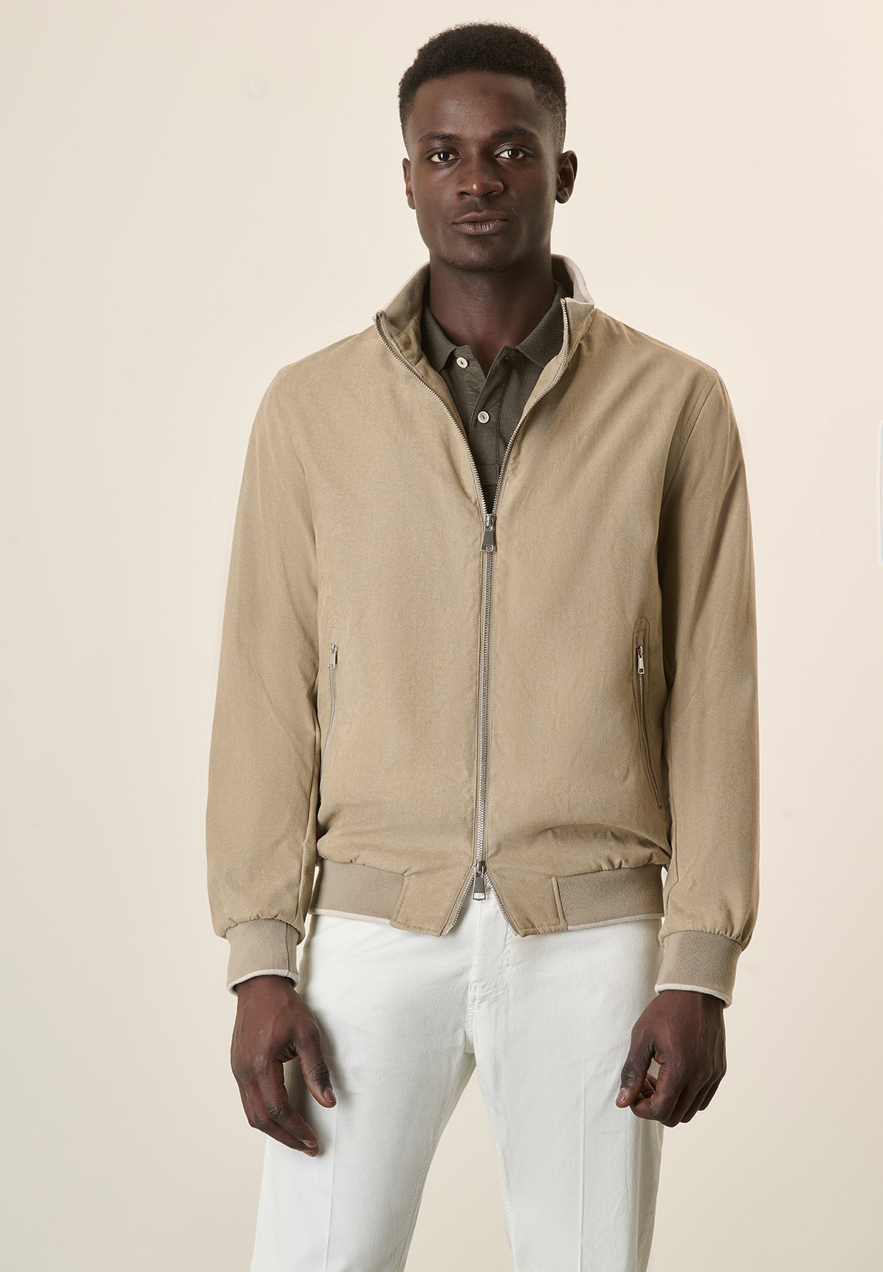 Beige Suede Bomber Jacket