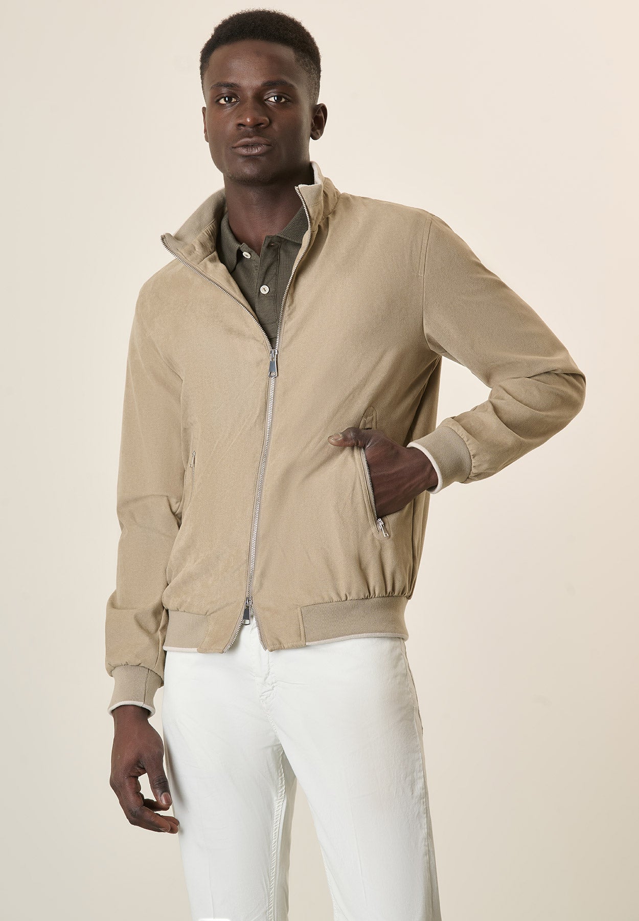 Beige Suede Bomber Jacket