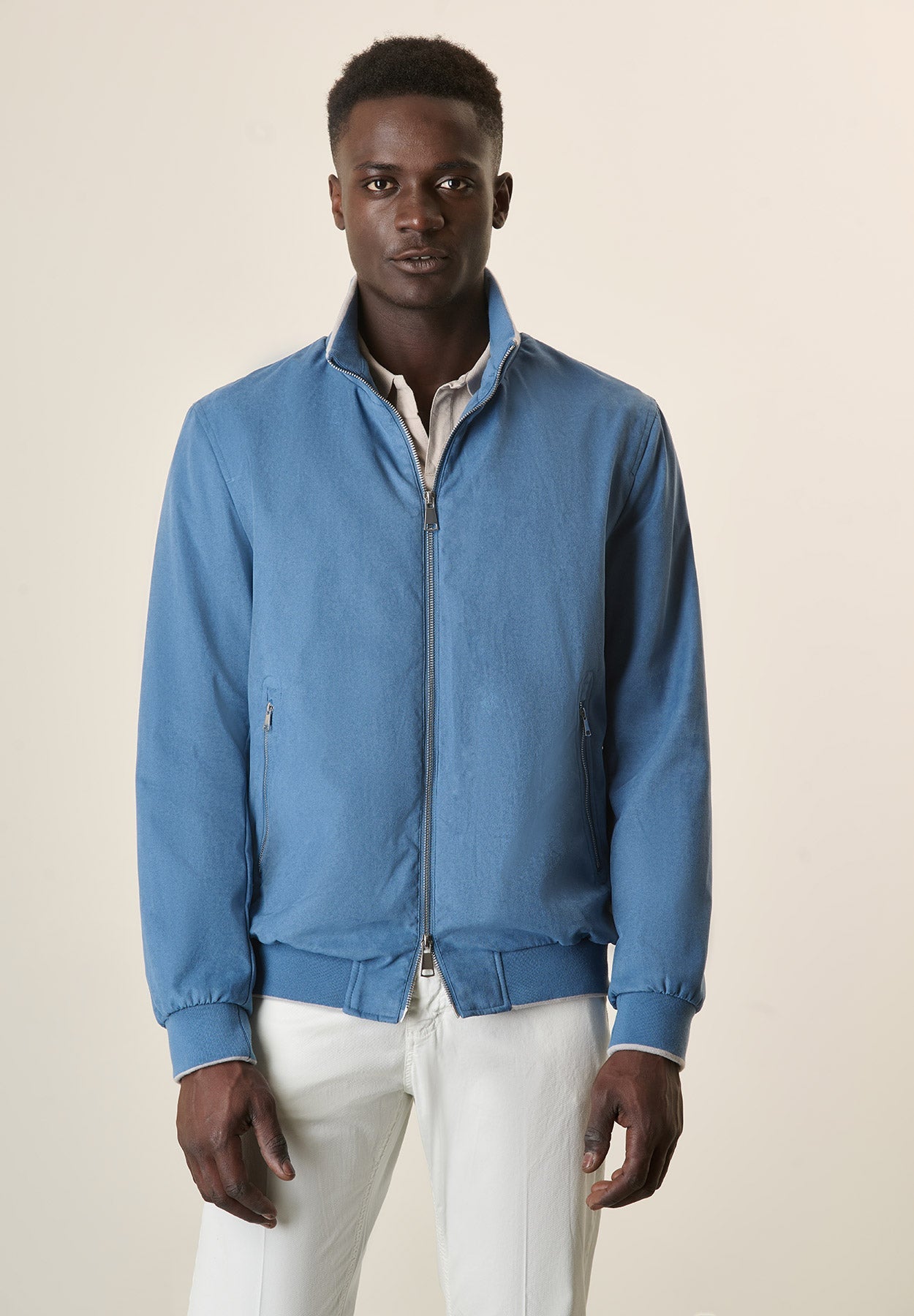 Light Blue Suede Denim Bomber Jacket