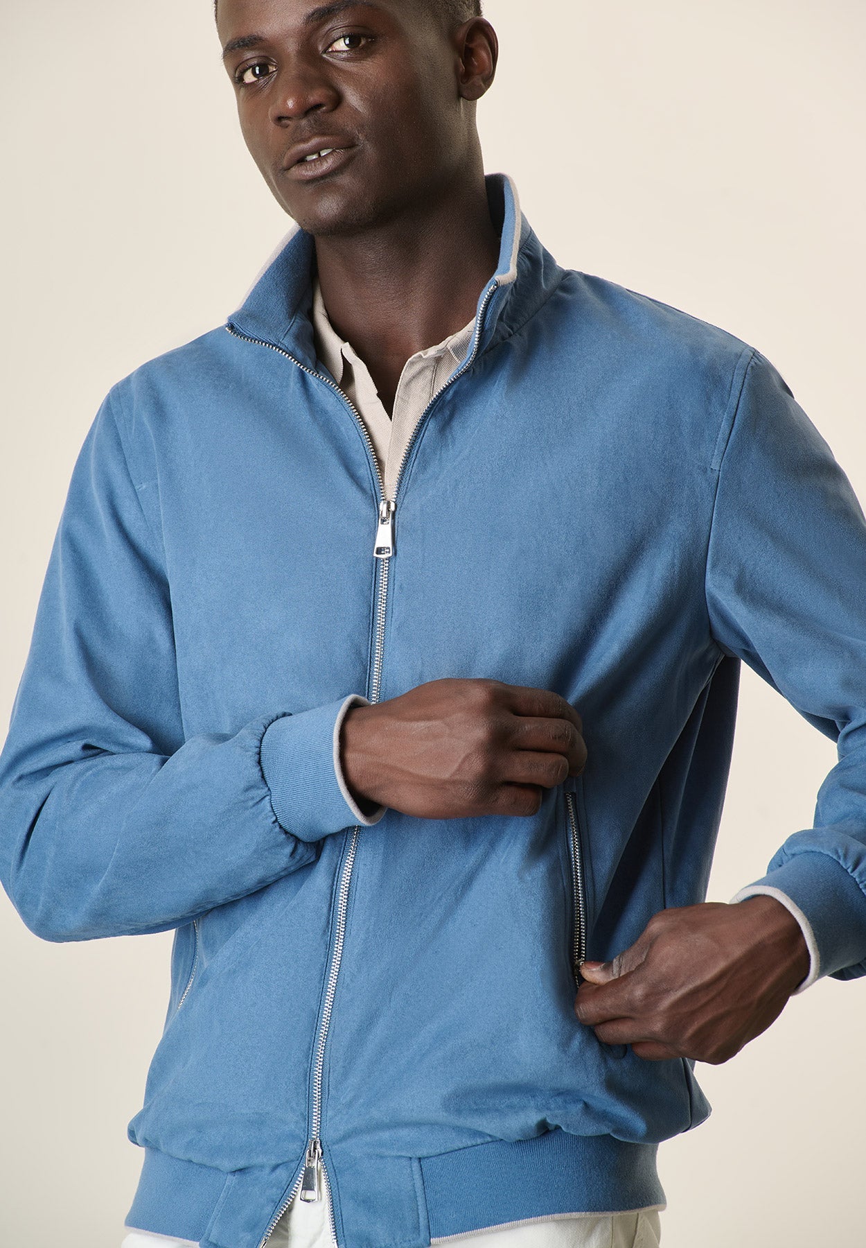 Light Blue Suede Denim Bomber Jacket