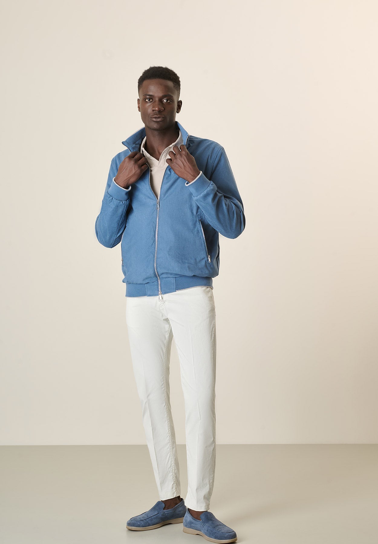 Light Blue Suede Denim Bomber Jacket