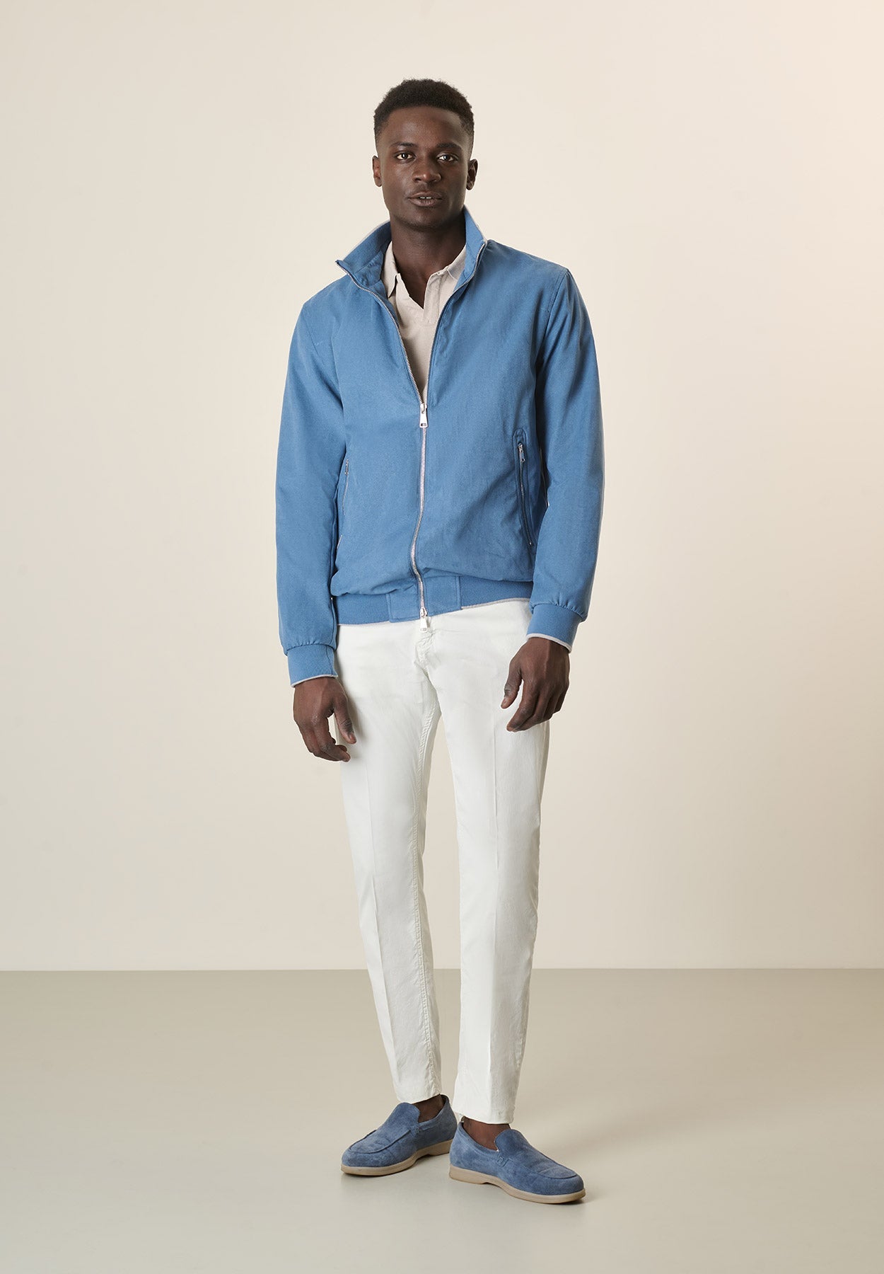 Light Blue Suede Denim Bomber Jacket