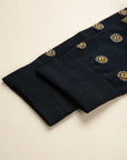 Dark blue sock with yellow medal design, stretch cotton