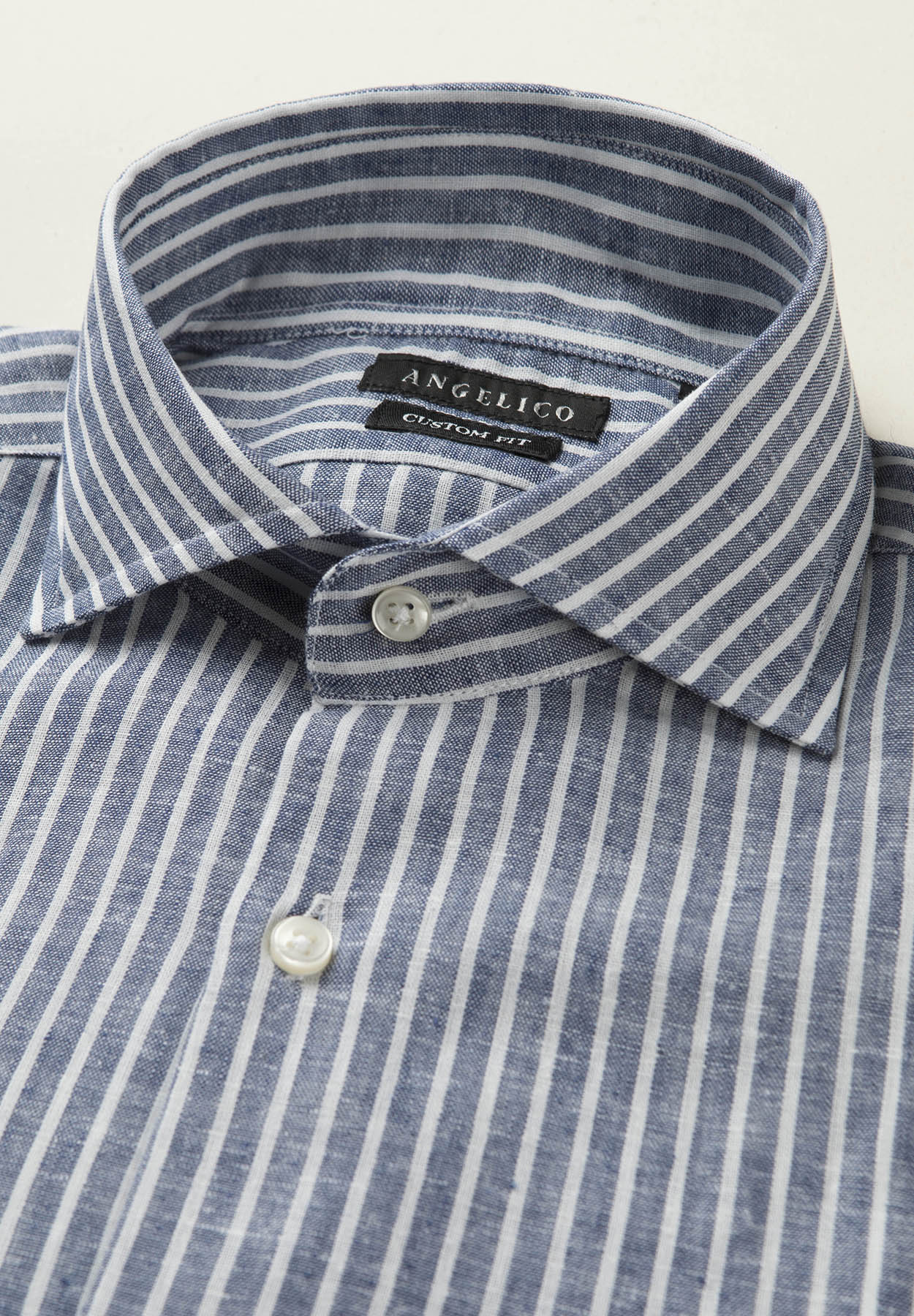 Custom Fit Blue And White Striped Linen Blend Shirt