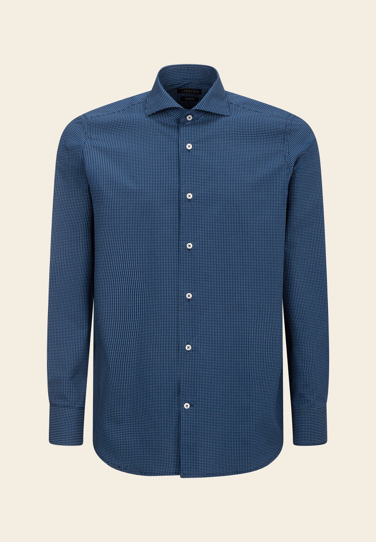 Dark Blue Slim-Fit Cotton Shirt With Micro-Pattern