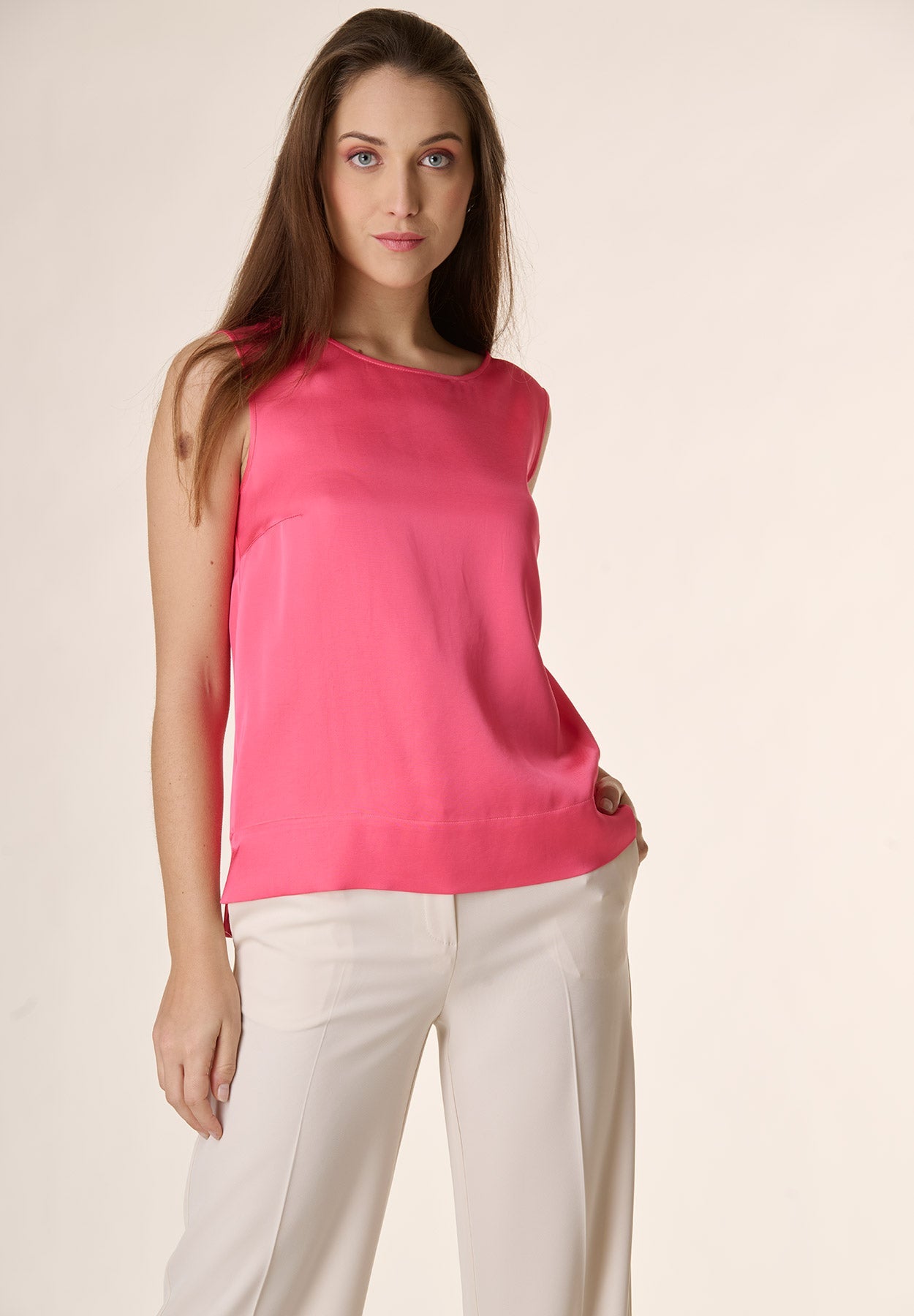 Blusa corallo viscosa con spacchi smanicata-Angelico
