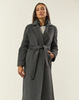 Charcoal cashmere blend coat with belt