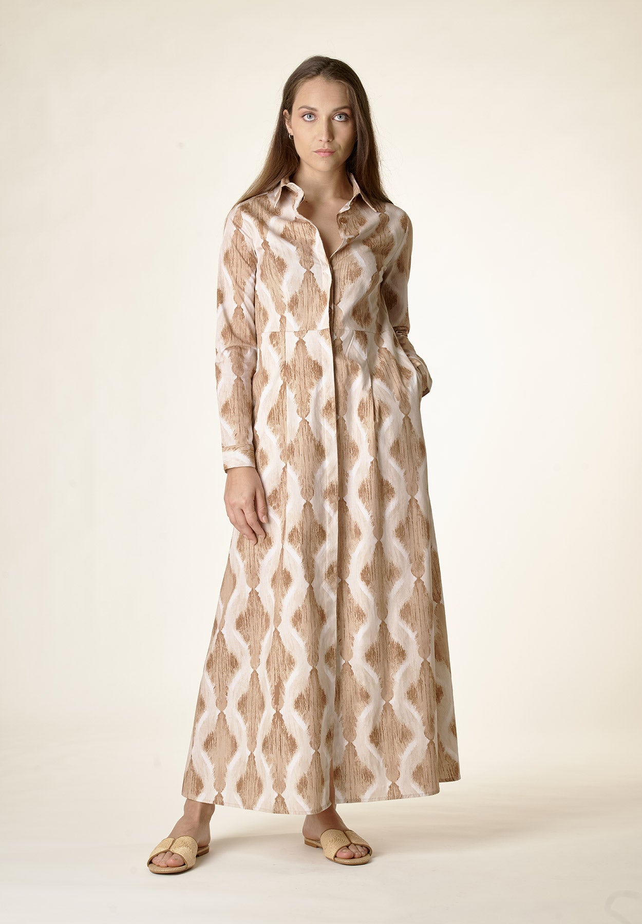 Chemisier cammello fantasia beige cotone stretch-Angelico