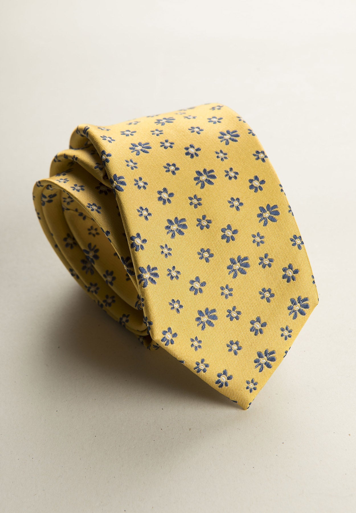 Yellow Tie With Blue Flowers Silk