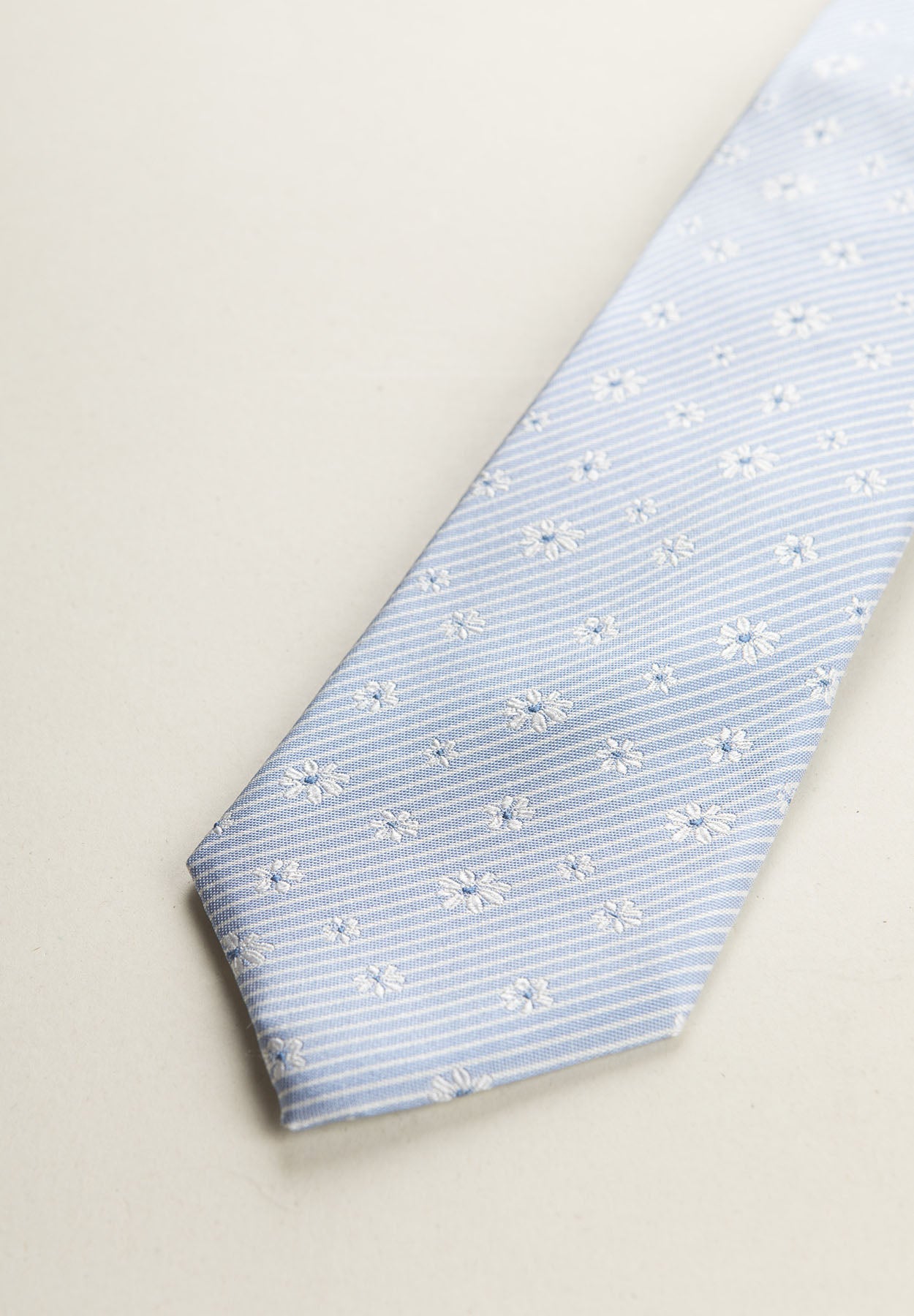Light Blue Tie With White Flowers Silk
