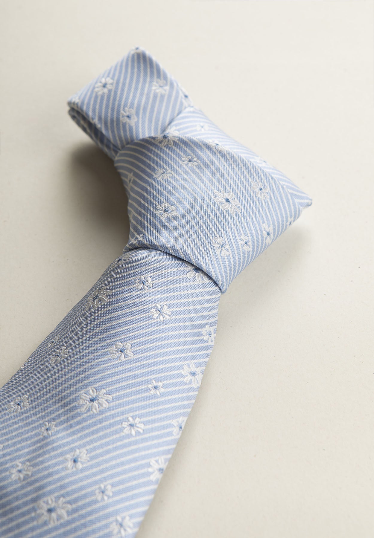 Light Blue Tie With White Flowers Silk