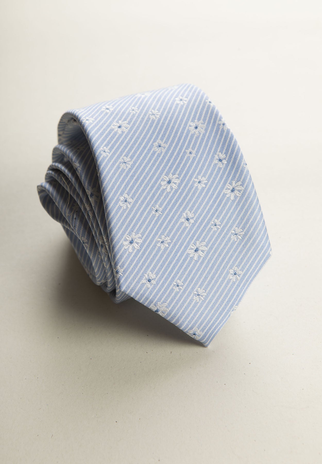 Light Blue Tie With White Flowers Silk