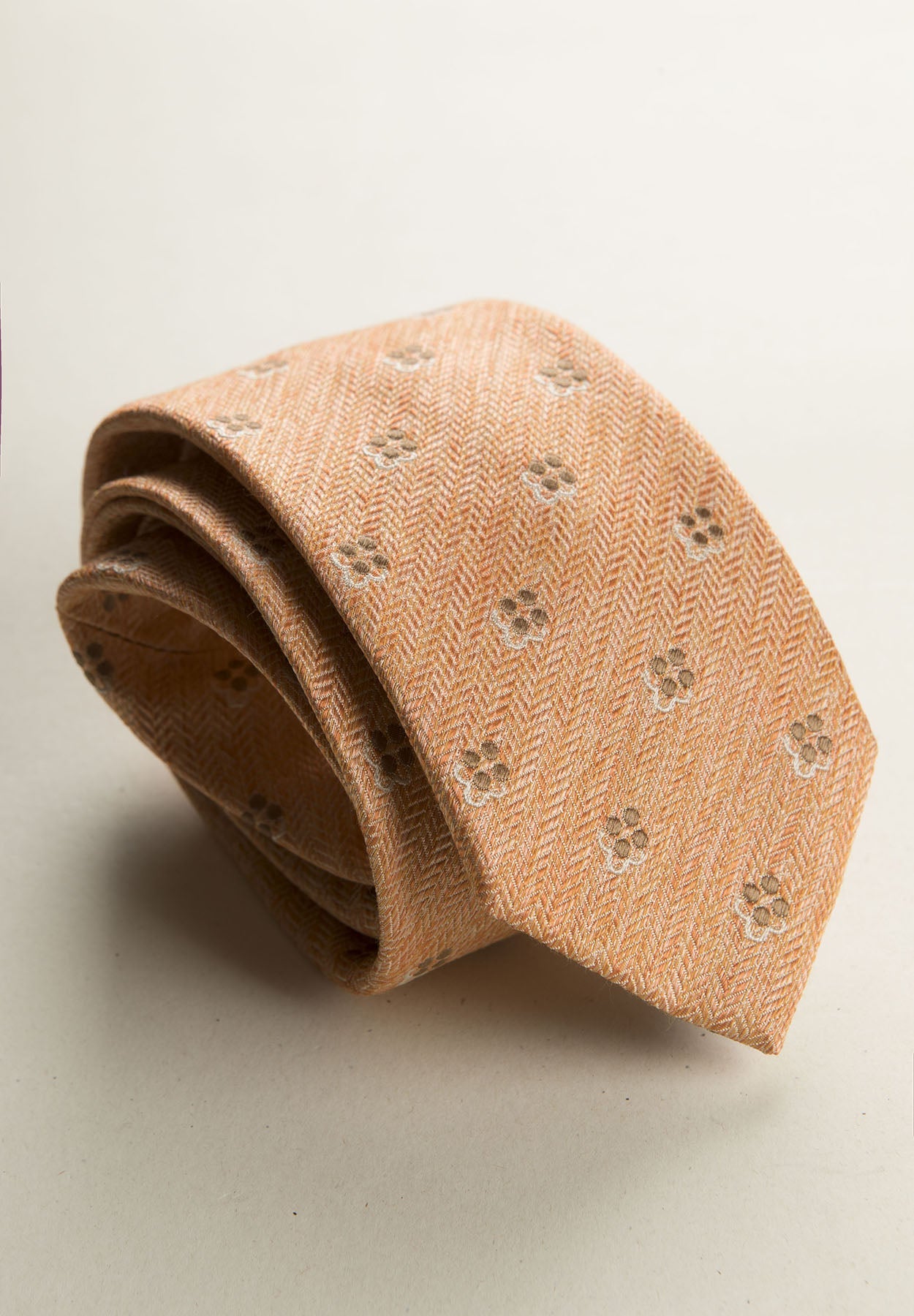 Orange Tie With Little Flowers Pattern, Silk And Cotton