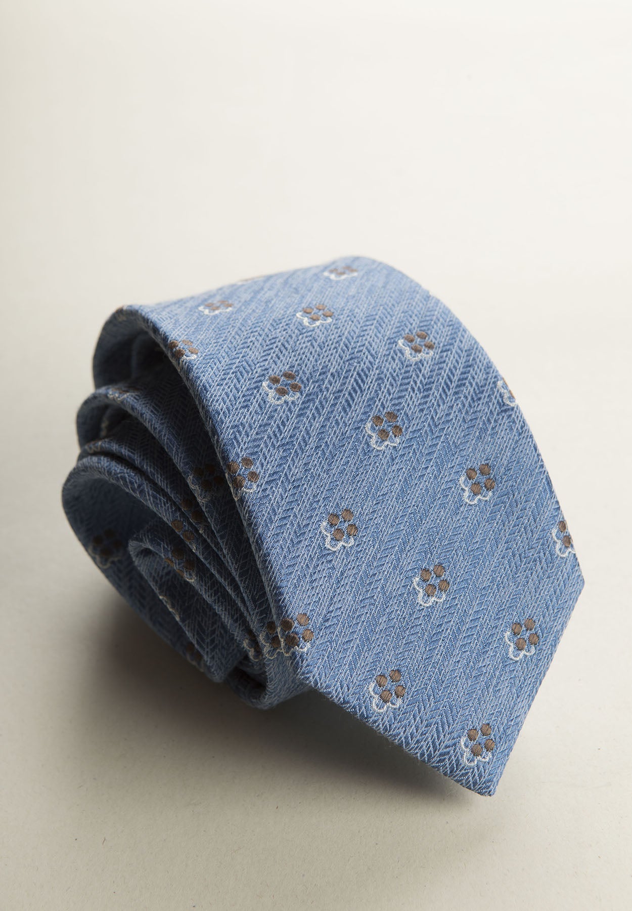 Navy Blue Tie With Little Flower Pattern, Silk And Cotton