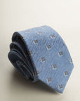 Navy Blue Tie With Little Flower Pattern, Silk And Cotton